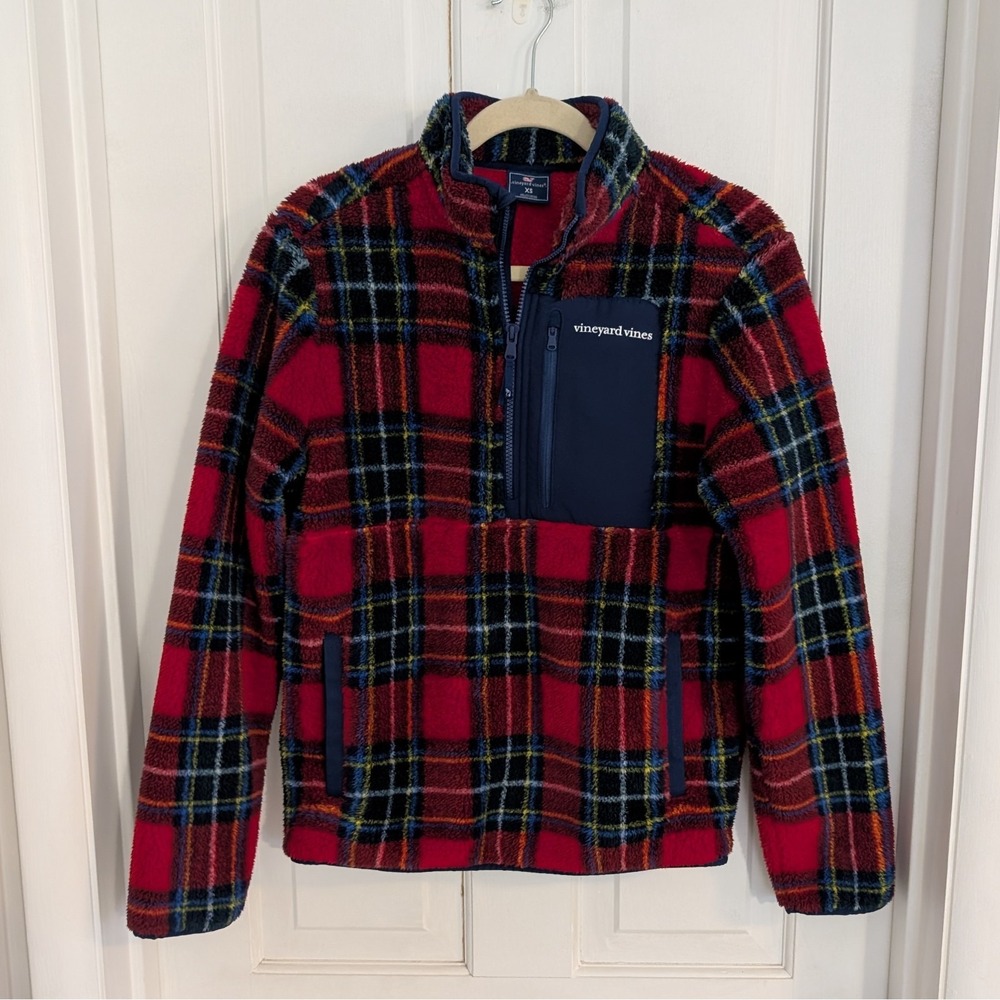 Vineyard‎ Vines Red Plaid Fleece 1/4 Zip Pullover Jacket XS Sherpa SuperShep Men